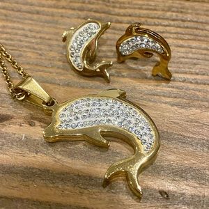 NWOT Dolphin Shaped Necklace and Earrings Set, Gold